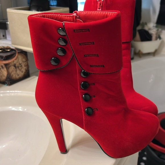 Red suede ankle boots with black button accents. Wore once. Great condition - Picture 5 of 5
